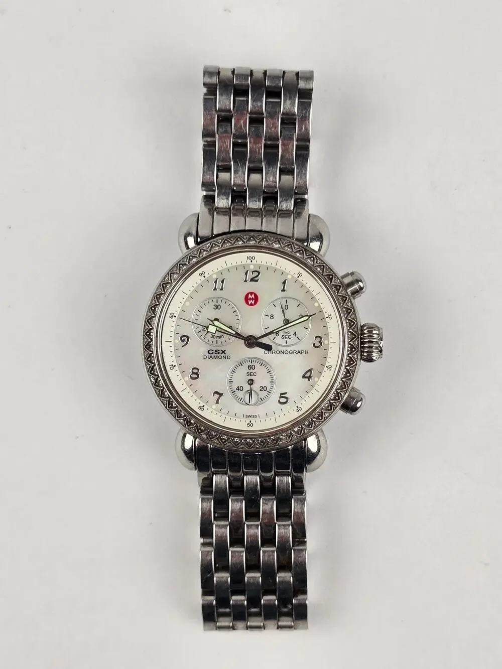 Michele Diamond Bezel Chronograph Watch Women's Stainless Steel Quartz Working